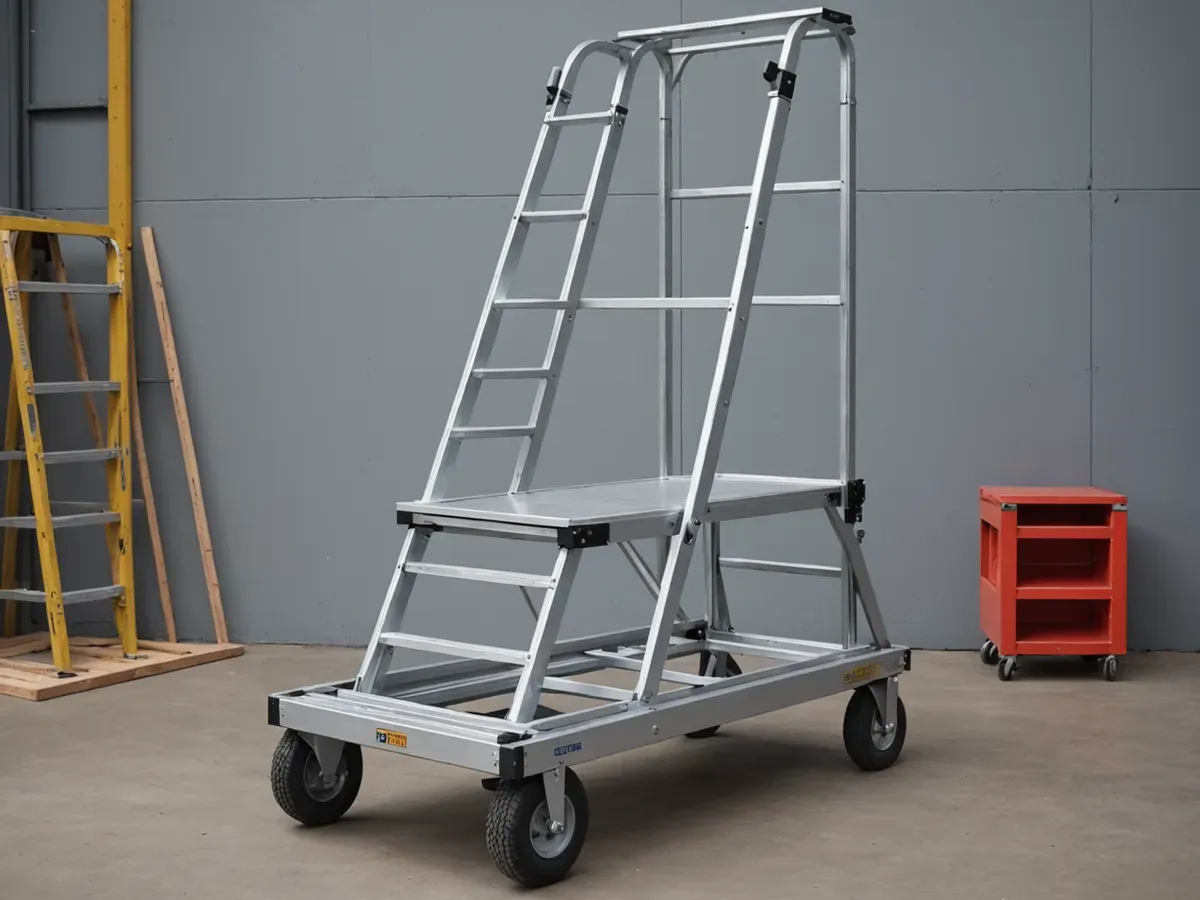 Illustration générée par IA d'une petite plateforme de travail en aluminium sur roulettes, dans un atelier : ne représente pas le modèle exact