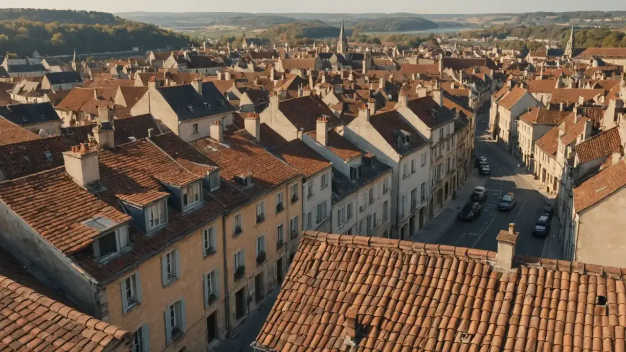 Toits de tuiles et d'ardoise d'une petite ville vus en surplomb, cheminées et rue en contrebas, sans personne ni matériel