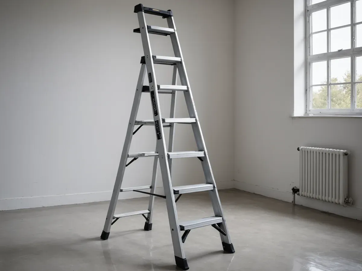 Illustration générée par IA d'un grand escabeau professionnel en aluminium à sept marches, ouvert dans un appartement en travaux : ne représente pas le modèle exact