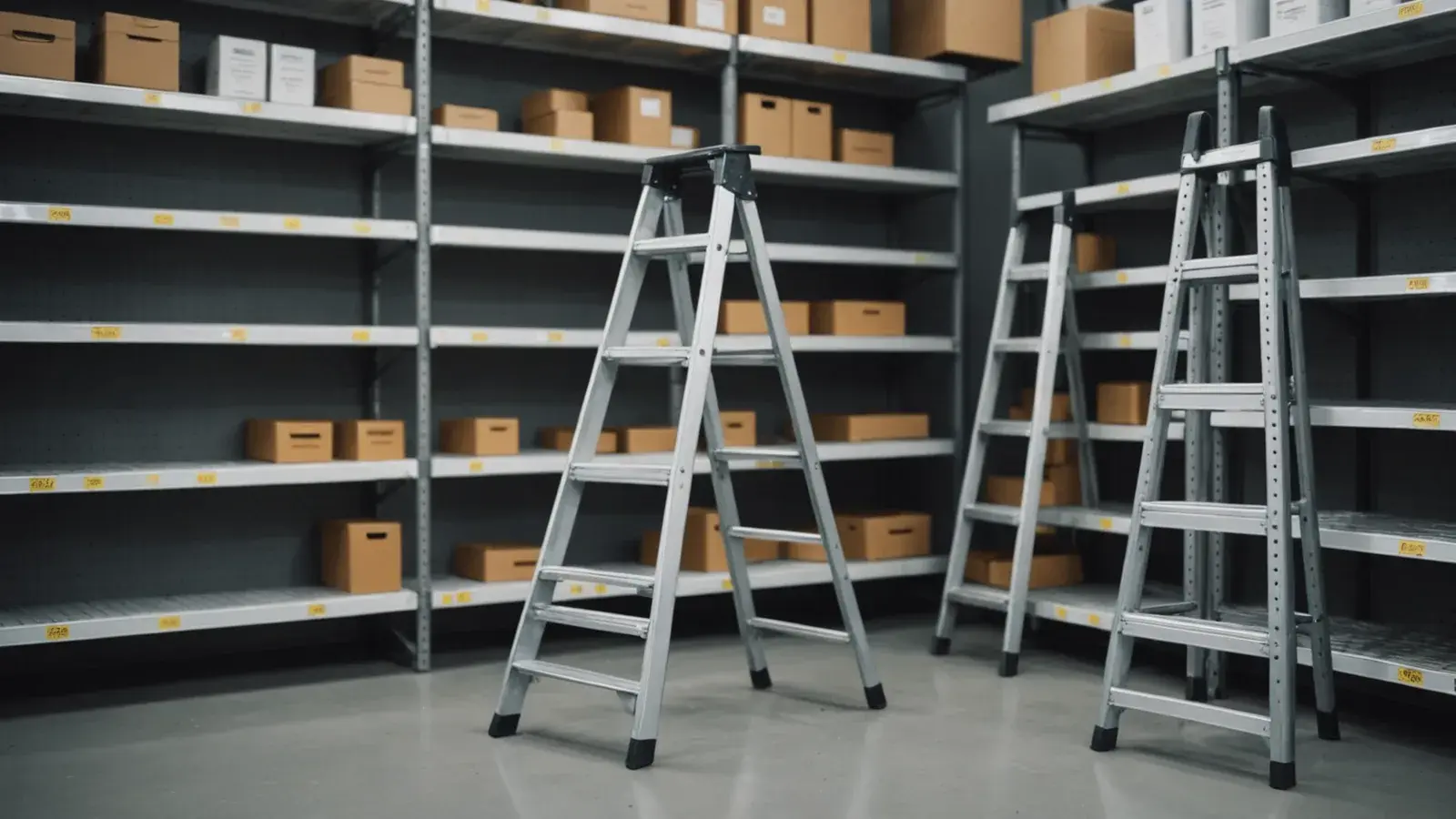 Escabeaux en aluminium ouverts dans un rayon d'étagères garnies de cartons, sous une lumière chaude