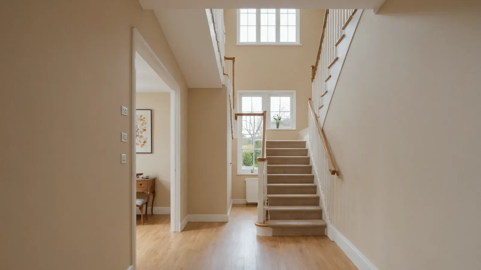 Cage d'escalier d'une maison aux murs beige clair fraîchement repeints, escalier droit à rampe blanche menant au palier, vide