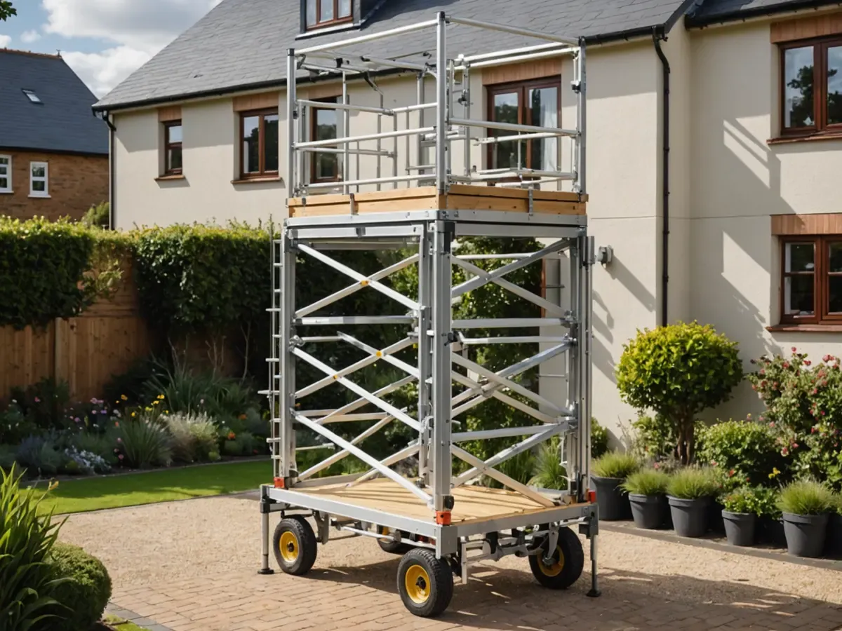 Illustration générée par IA d'un petit échafaudage roulant en aluminium avec garde-corps et stabilisateurs, dans un jardin : ne représente pas le modèle exact