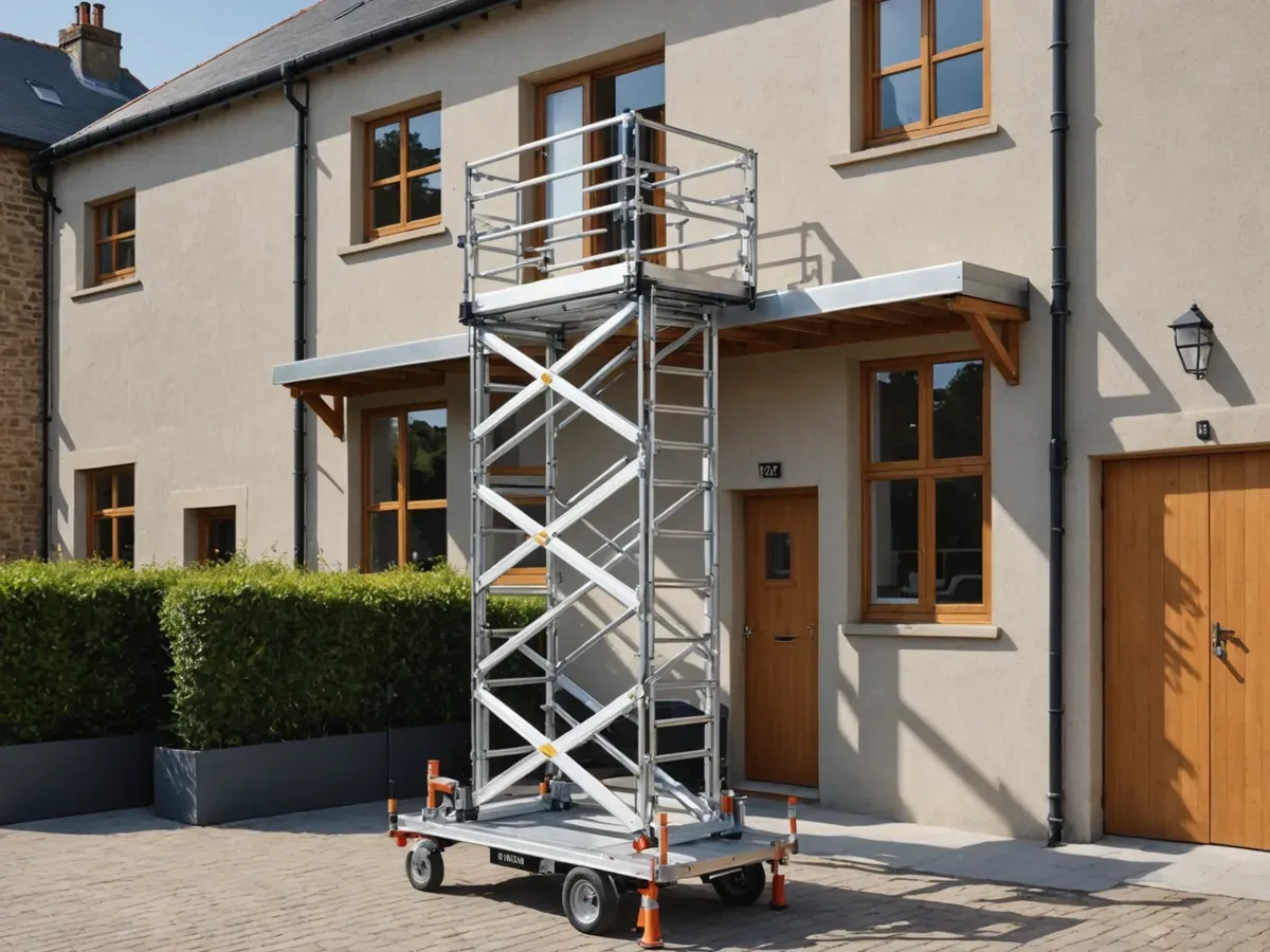 Illustration générée par IA d'un échafaudage roulant pliant en aluminium à deux planchers, stabilisateurs déployés, dans une cour : ne représente pas le modèle exact
