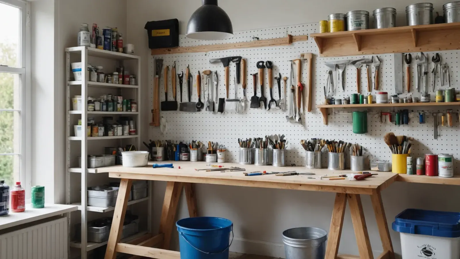 Atelier de bricolage rangé : établi en bois, outils accrochés à un panneau perforé, pots de peinture sur des étagères, lumière d'une fenêtre