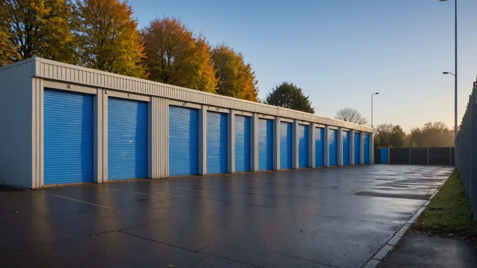 Rangée de box de stockage à rideaux métalliques bleus le long d'une cour bitumée mouillée, arbres d'automne au petit matin