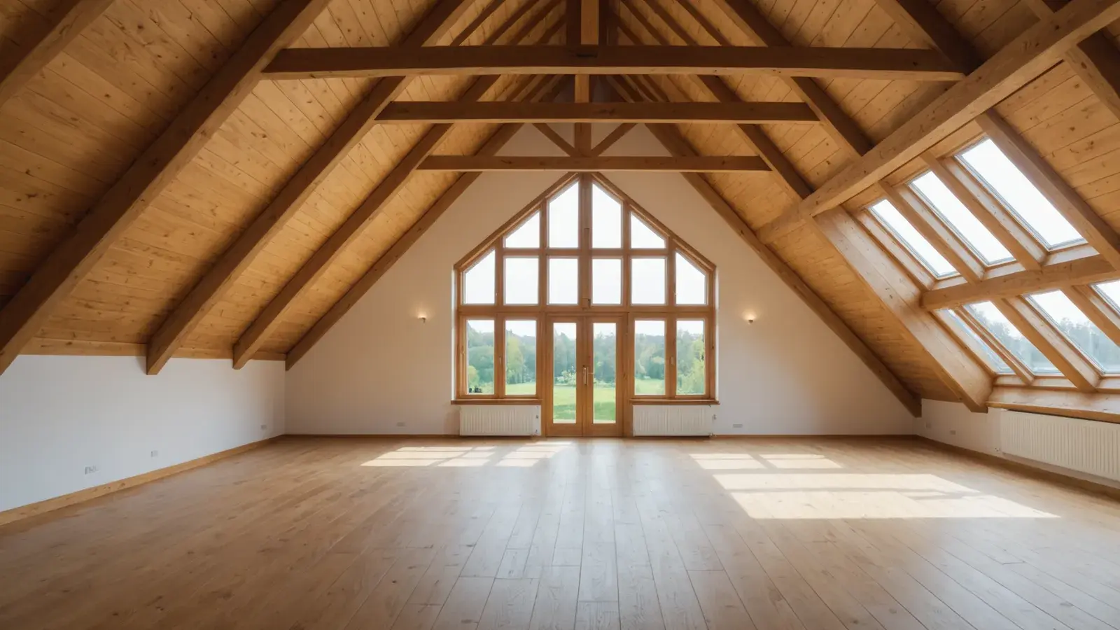 Combles aménagés vides sous une charpente en bois apparente, fenêtres de toit et parquet clair, vus depuis le fond de la pièce