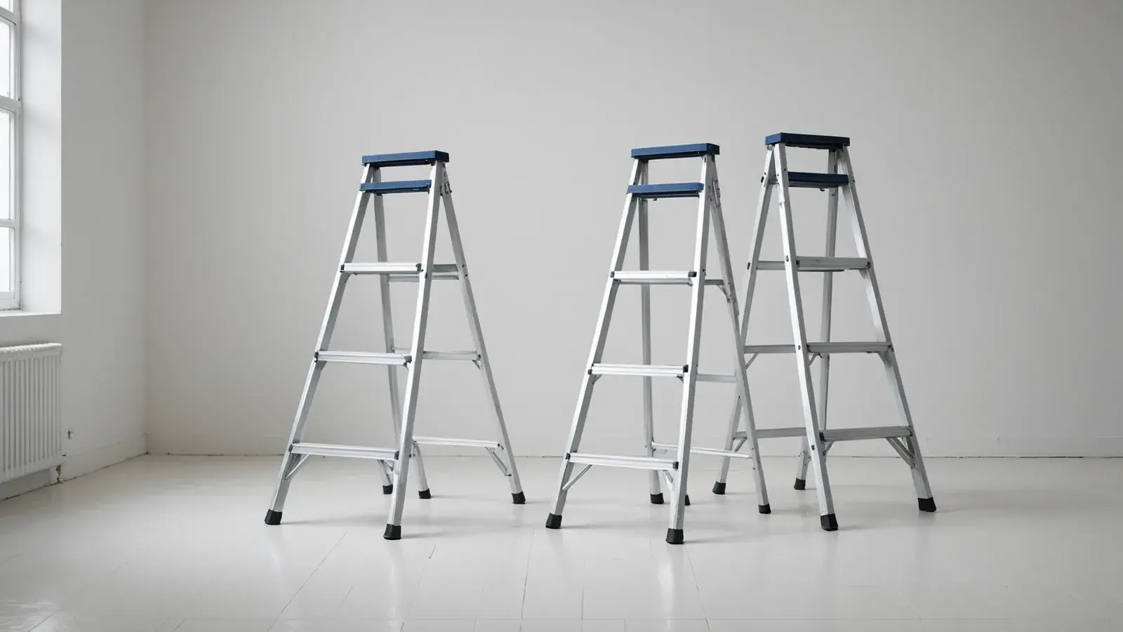 Trois escabeaux en aluminium ouverts dans un studio blanc et lumineux
