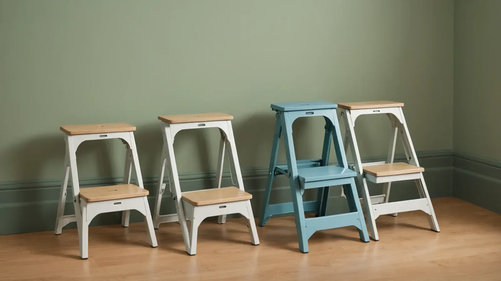 Quatre marchepieds à deux marches, blancs et bleu, alignés sur un parquet devant un mur vert sauge