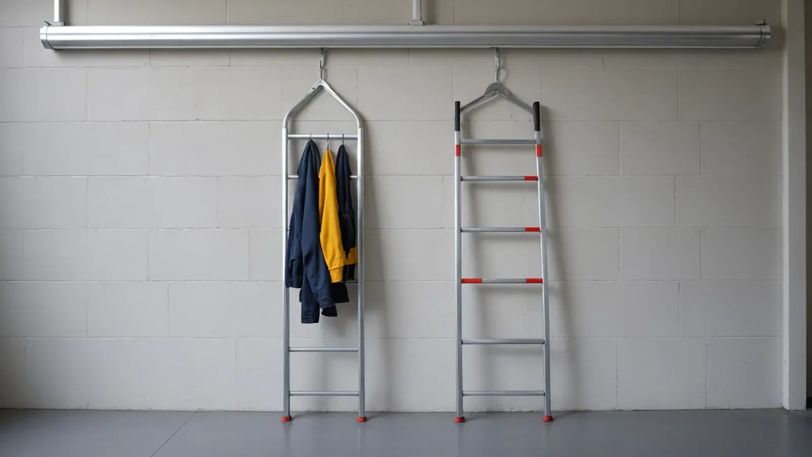 Deux échelles en aluminium suspendues à des crochets au mur d'un garage, une veste accrochée à côté
