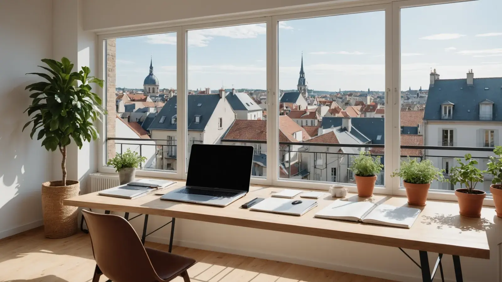 Bureau de rédaction lumineux : grande table en bois, ordinateur, carnets et plantes, fenêtre sur les toits