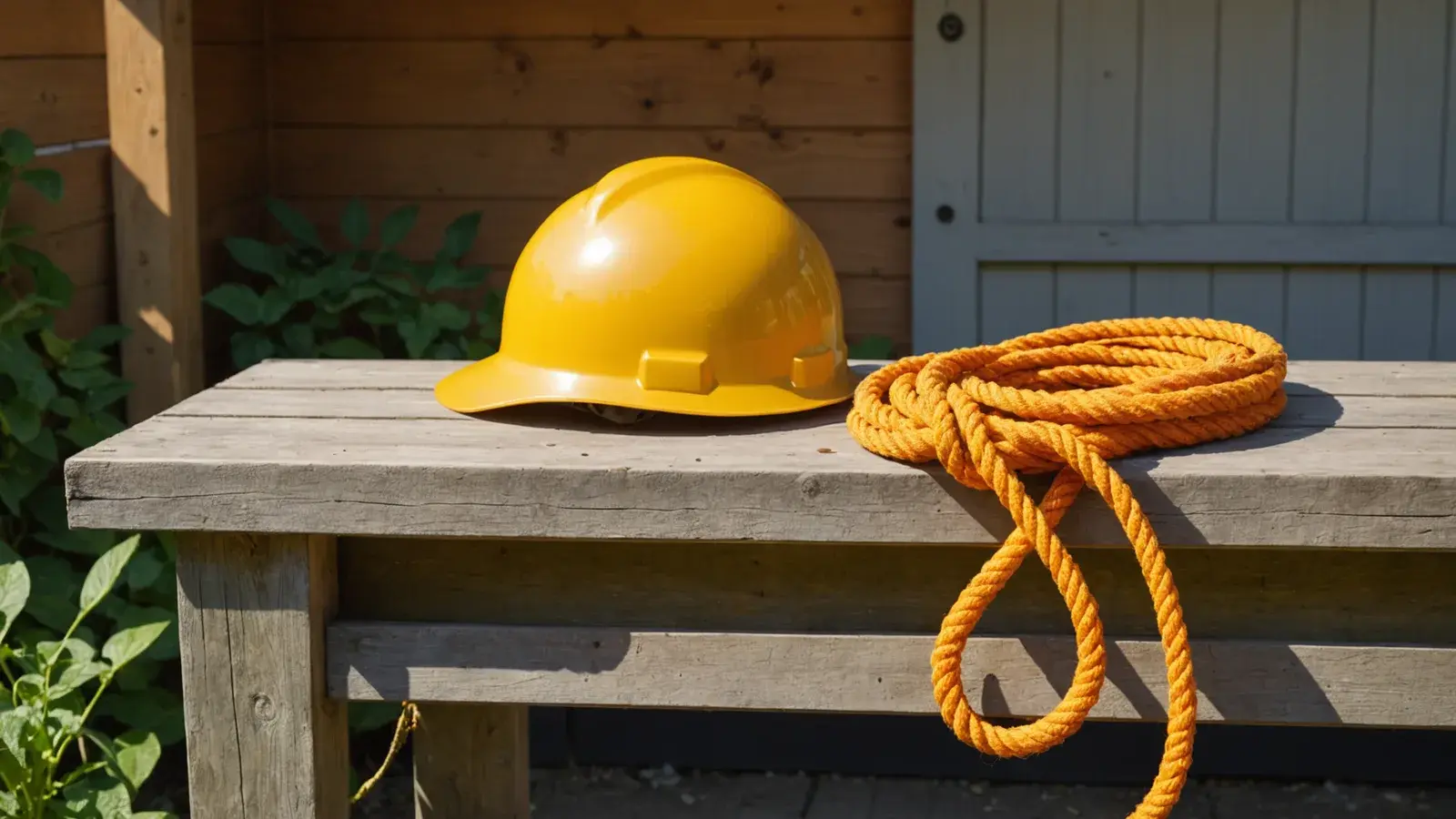 Casque jaune et corde orange enroulée sur un banc en bois à l'entrée d'un abri de jardin