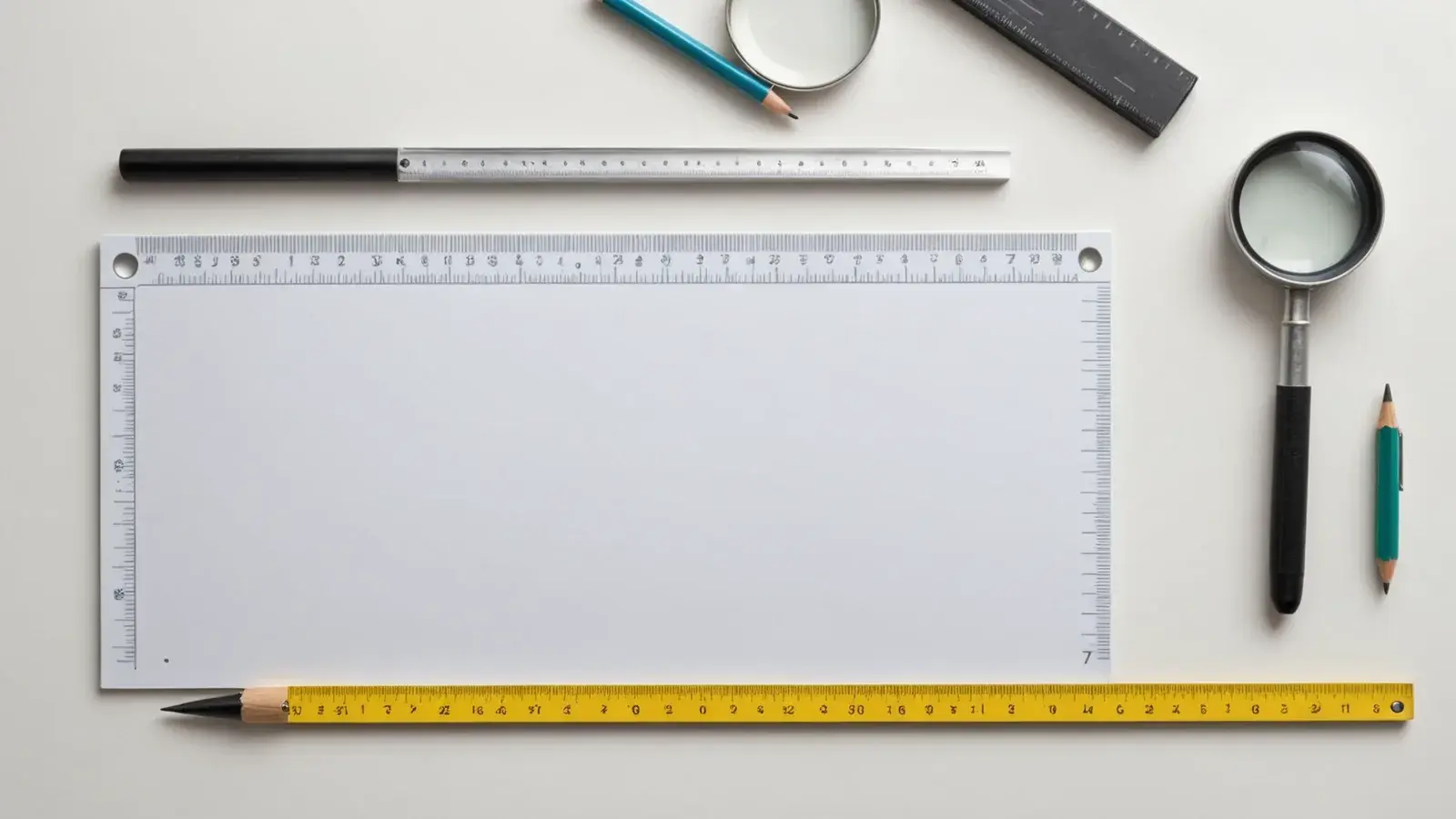 Vue de dessus d'une règle, d'une loupe, de crayons et d'un mètre ruban sur un plan de travail blanc