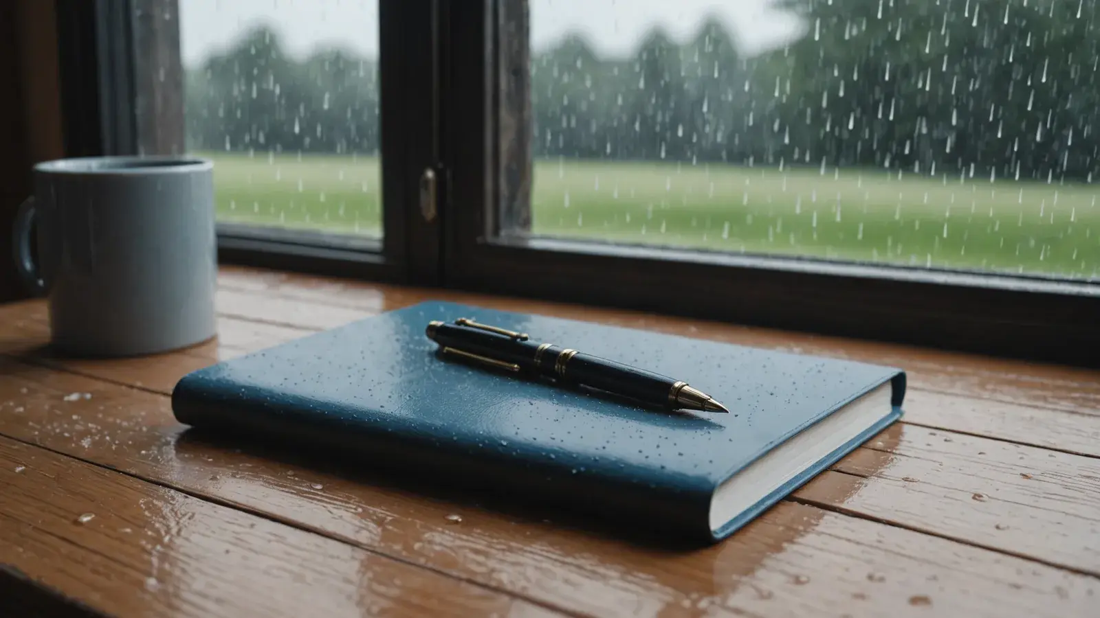 Carnet bleu fermé et stylo plume sur un bureau en bois près d'une fenêtre battue par la pluie