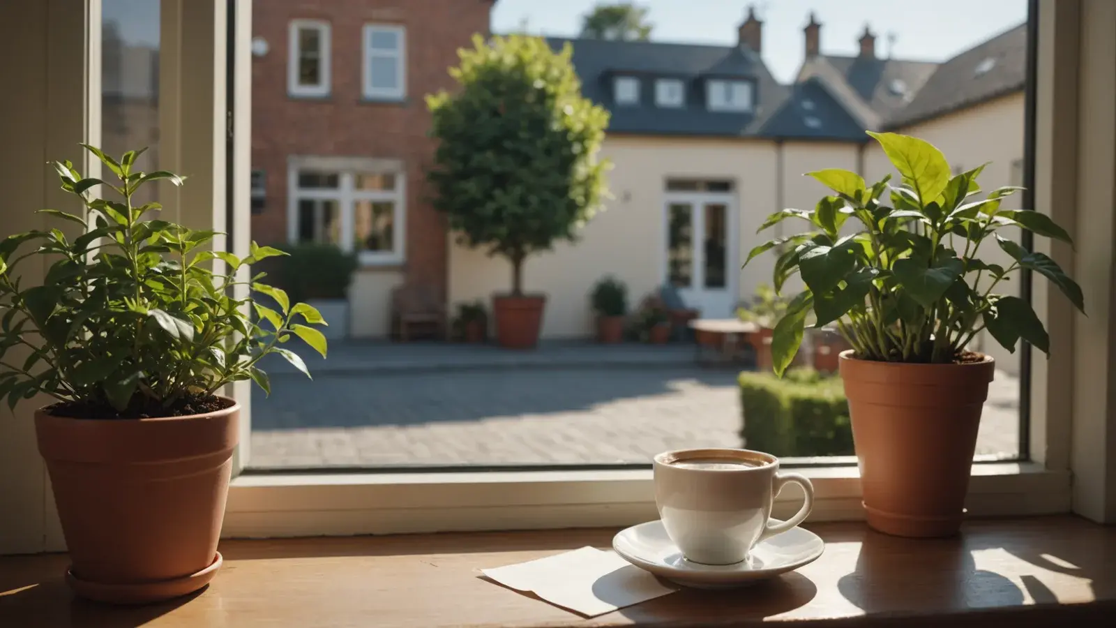 Tasse de café sur un rebord de fenêtre ensoleillé entre deux plantes, vue sur une cour pavée