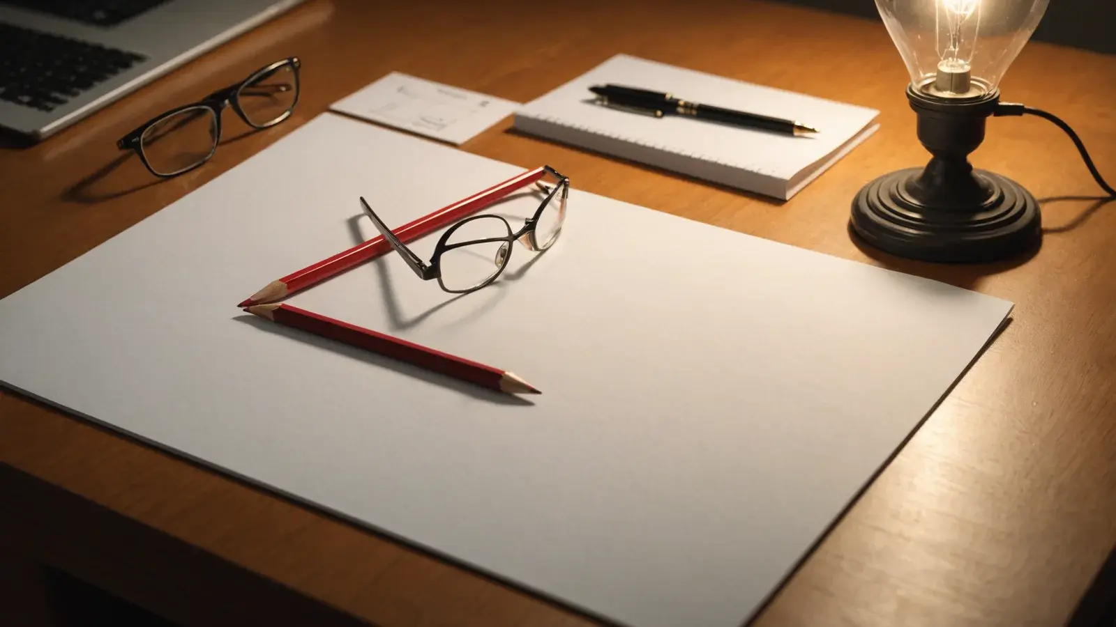 Feuille blanche, crayons rouges et lunettes sur un bureau en bois éclairé par une lampe