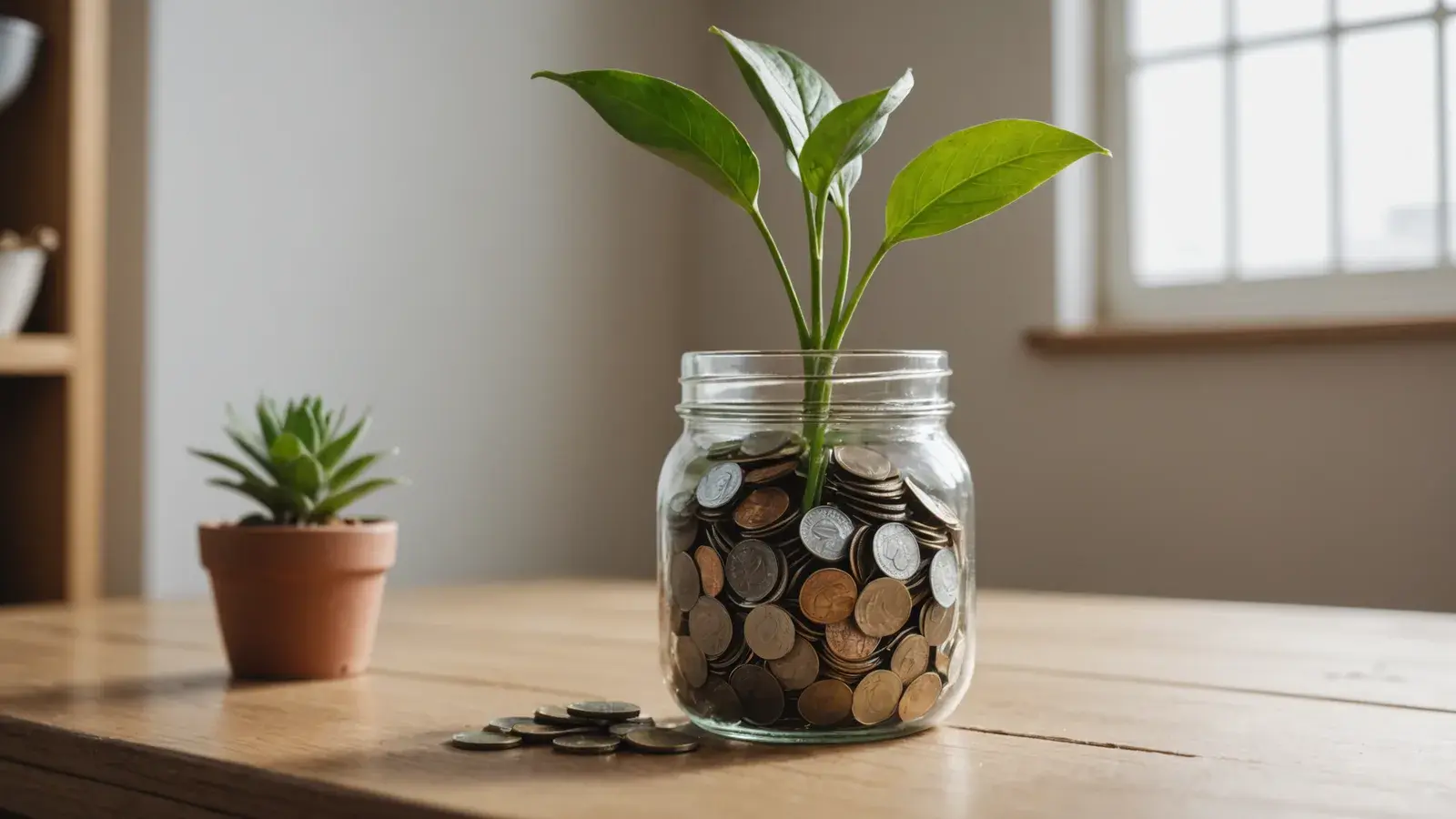 Bocal en verre rempli de pièces où pousse une plante, à côté d'un petit cactus, sur une table en bois