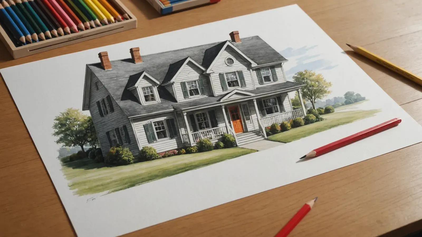 Croquis au crayon d'une façade de maison sur une feuille blanche, crayons de couleur posés à côté, lumière de fenêtre