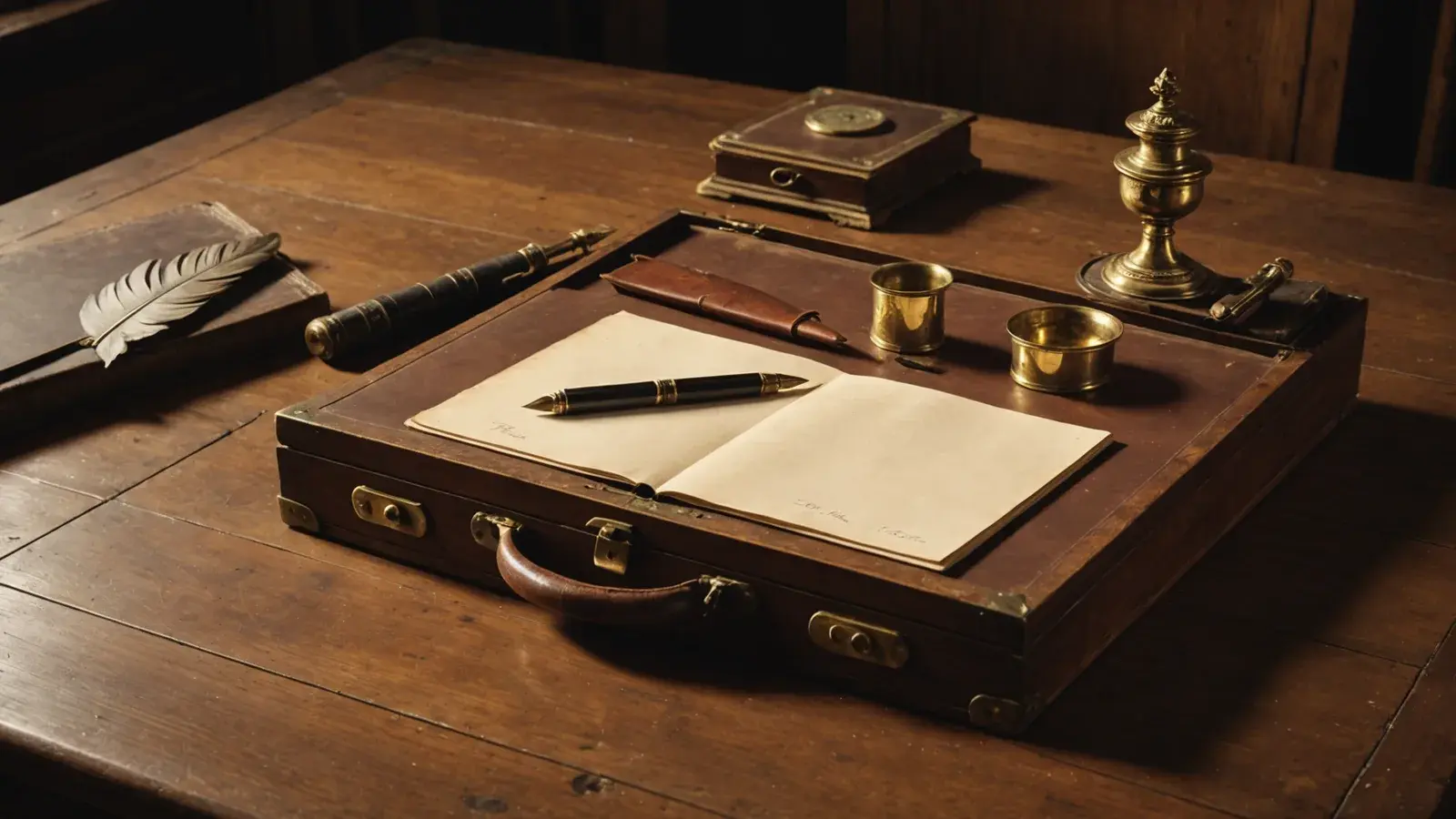 Bureau ancien en bois : encrier en laiton, plume, porte-documents en cuir ouvert sur un carnet