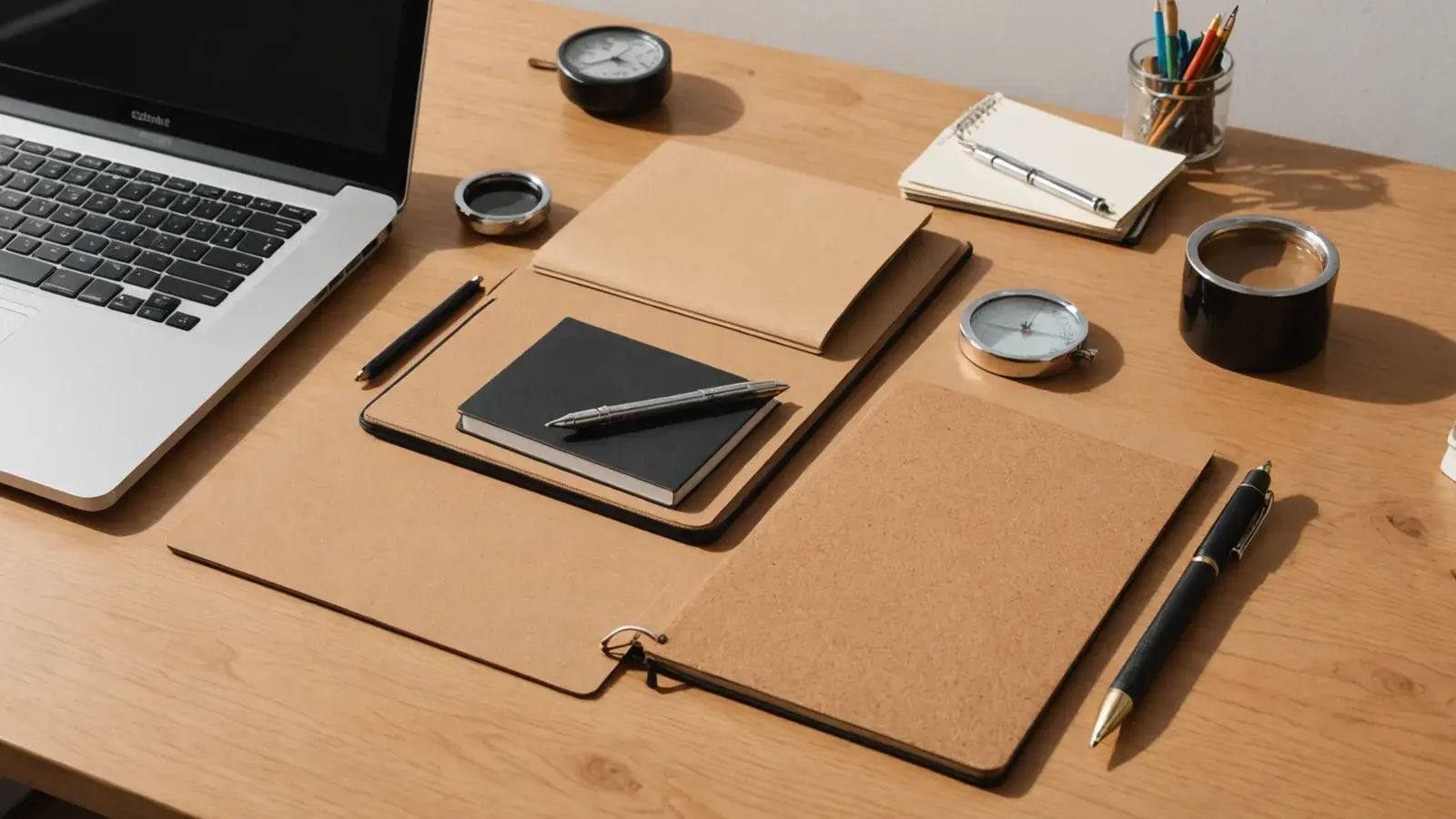 Bureau en bois rangé : ordinateur portable, carnet noir, sous-main en liège et crayons