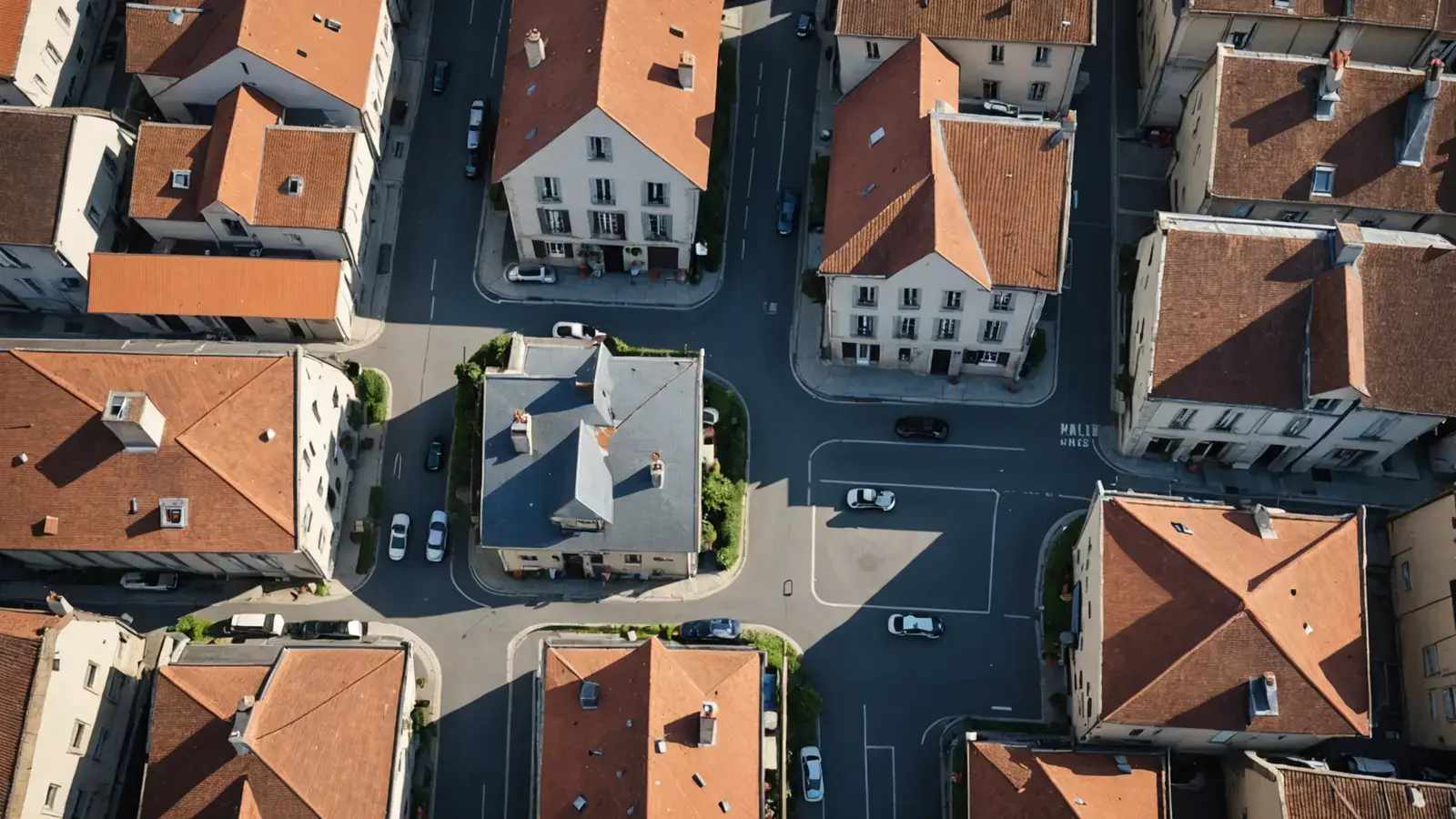 Vue aérienne verticale sur les toits et les rues d'une petite ville française, comme un plan