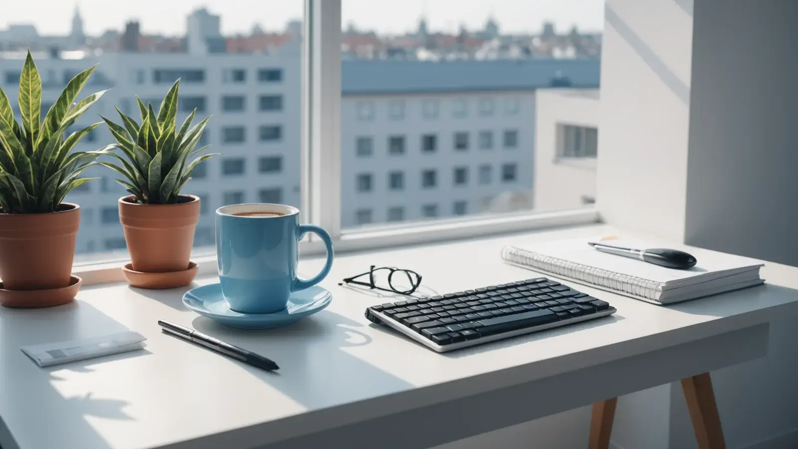 Bureau blanc avec clavier, tasse bleue, carnet et plantes devant une fenêtre sur la ville