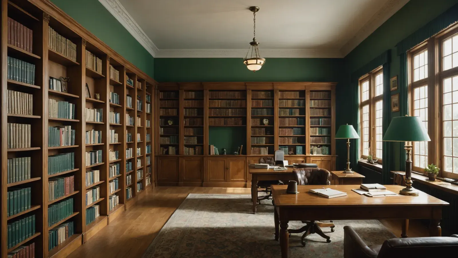 Bibliothèque silencieuse aux hauts rayonnages en bois, longue table de lecture et lampes vertes