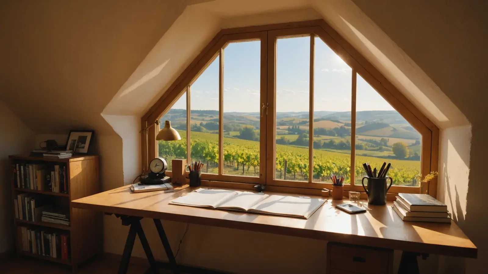 Bureau sous les toits avec vue sur les coteaux de vignes de Bourgogne en automne, lumière dorée