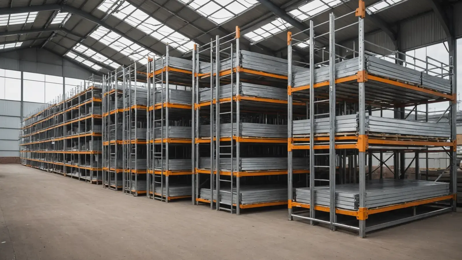 Cadres d'échafaudage en aluminium rangés sur de grands racks sous un hangar lumineux