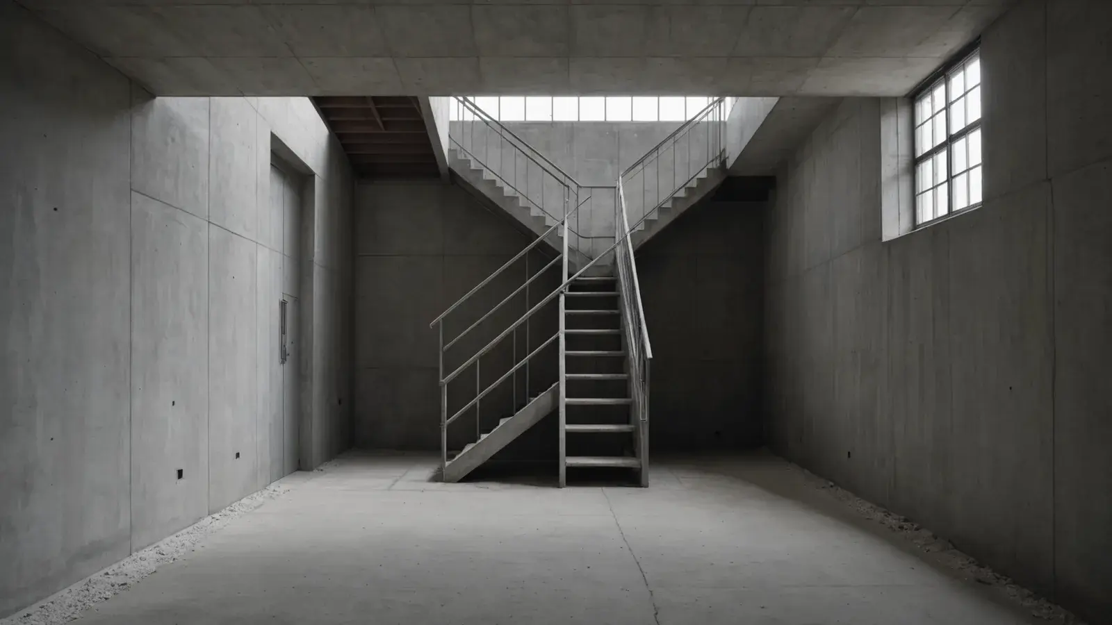 Cage d'escalier en béton d'un immeuble en chantier, garde-corps provisoires en bois, rai de lumière