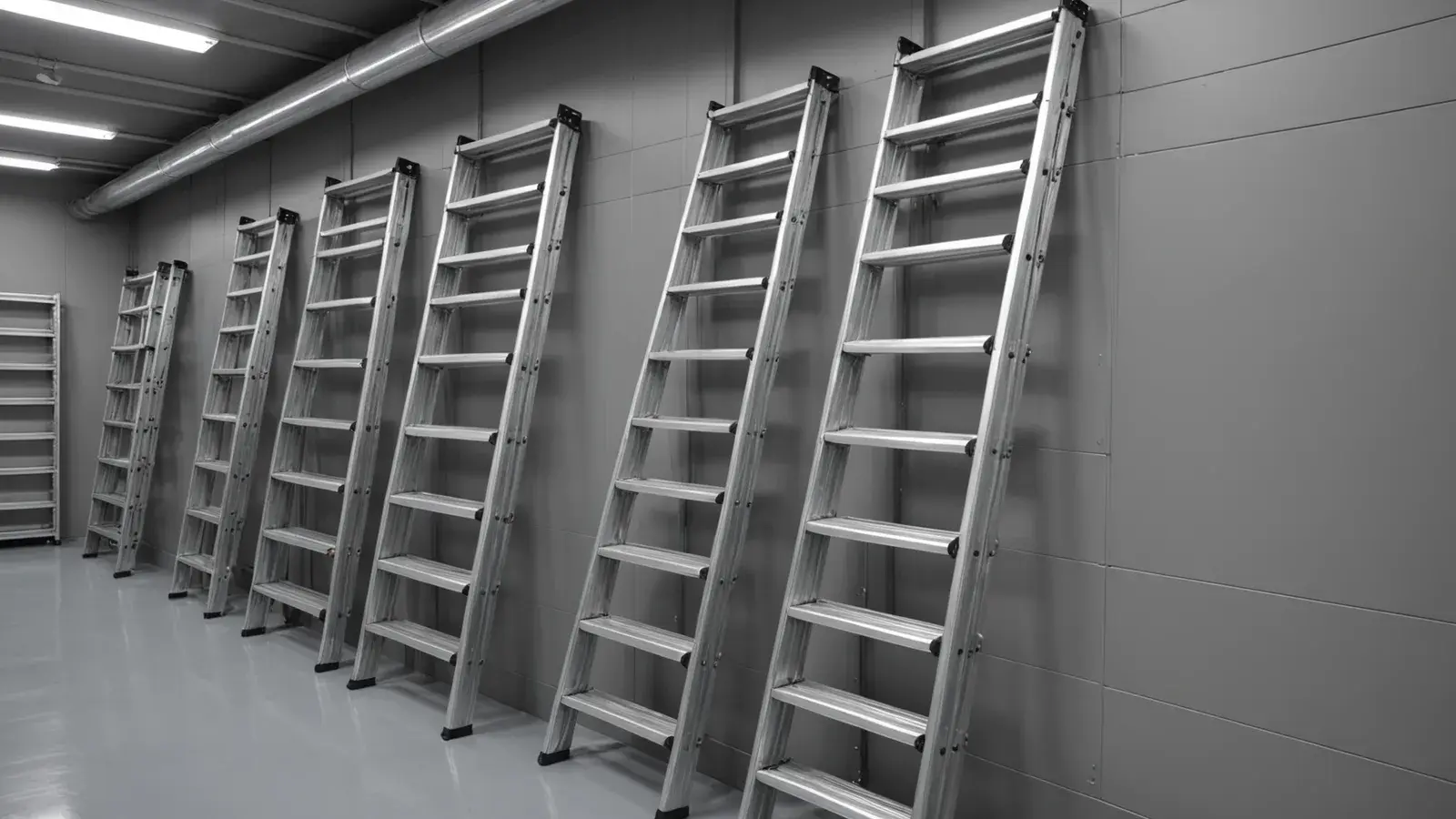 Échelles en aluminium rangées debout contre le mur d'une réserve professionnelle bien éclairée