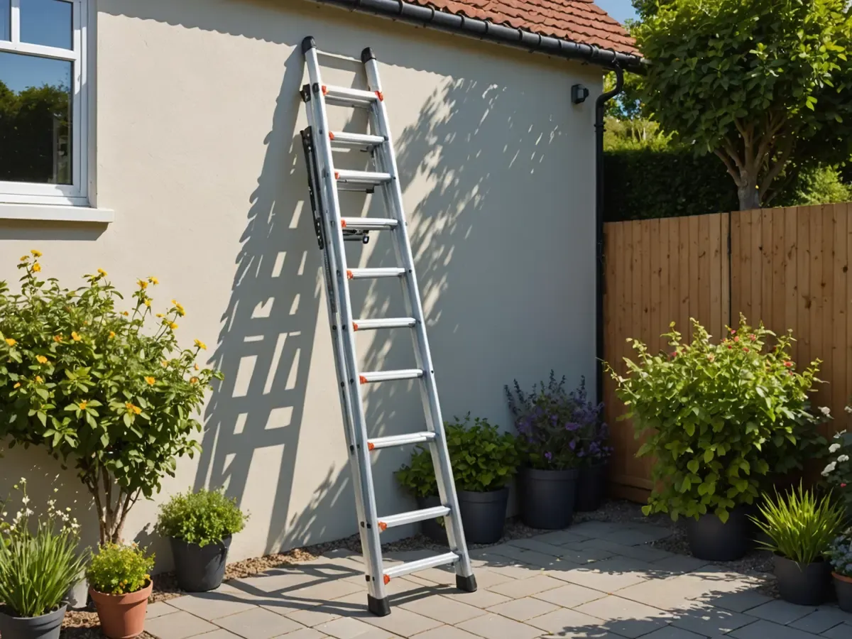 Illustration générée par IA d'une échelle télescopique en aluminium déployée, appuyée contre le mur d'une maison, dans un jardin : ne représente pas le modèle exact