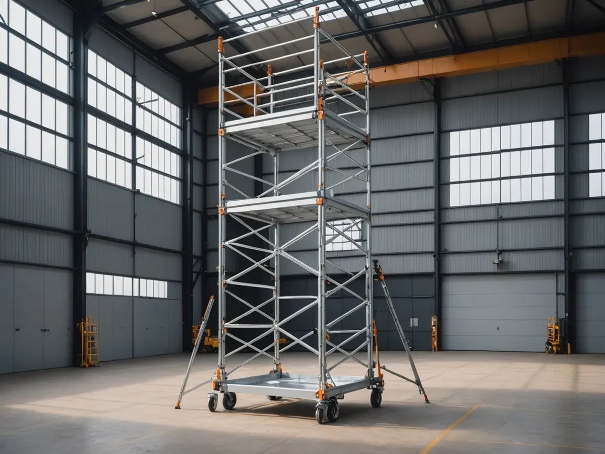 Illustration générée par IA d'un grand échafaudage roulant large en aluminium, avec garde-corps et stabilisateurs, dans un entrepôt vide : ne représente pas le modèle exact