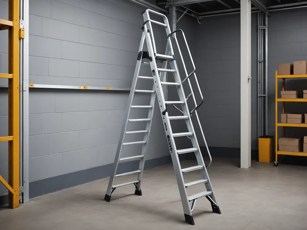 Illustration générée par IA d'un grand escabeau professionnel en aluminium à rampe, ouvert dans une réserve : ne représente pas le modèle exact