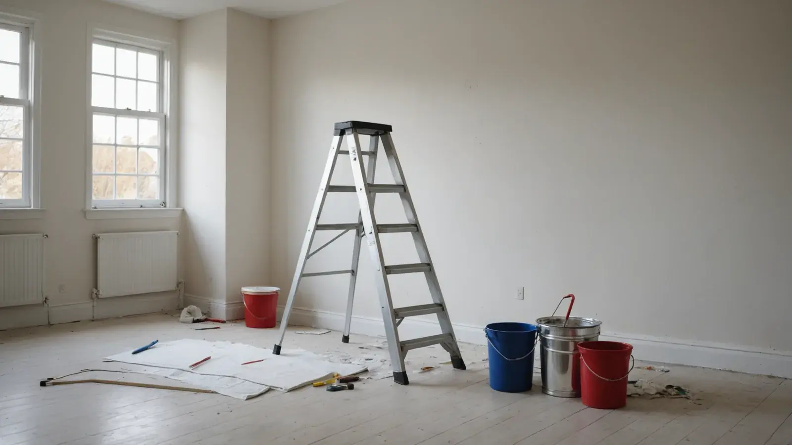 Escabeau en aluminium ouvert au milieu d'un séjour en travaux, bâche et pots de peinture au sol