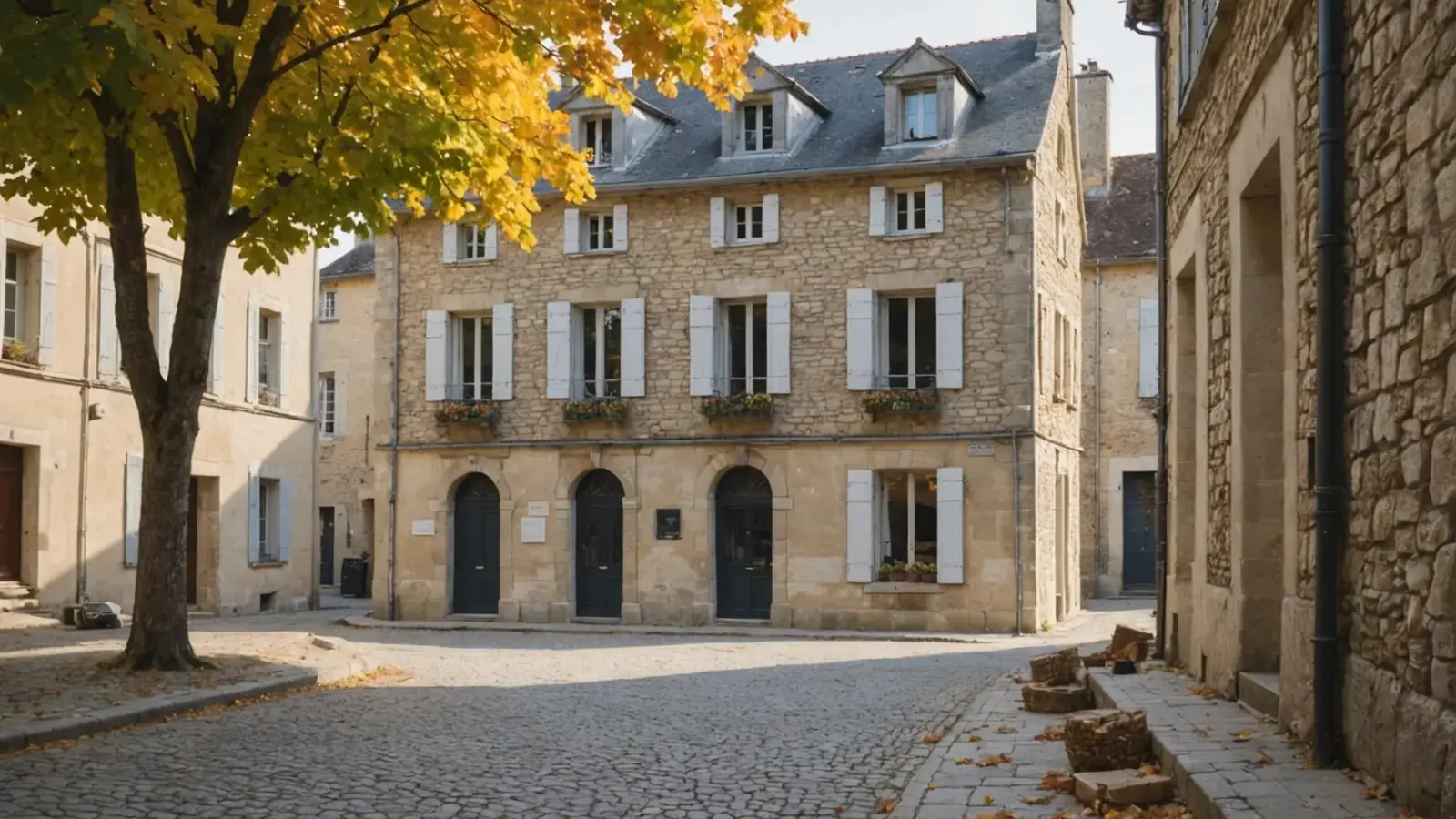 Rue pavée d'un village en automne, devant une maison de pierre aux volets blancs, sans personne ni matériel