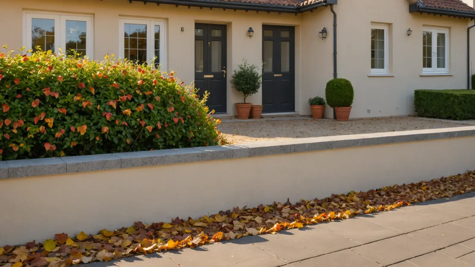 Maison de plain-pied crépie beige à portes anthracite, haie et pots en terre cuite, feuilles mortes le long d'un muret et d'une allée pavée