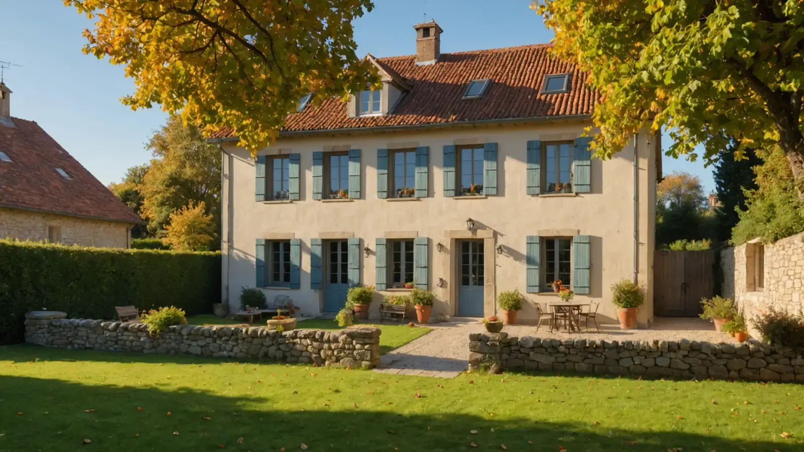 Maison de campagne en pierre claire, toit de tuiles et gouttière, vue depuis le jardin en automne, sans matériel ni personne