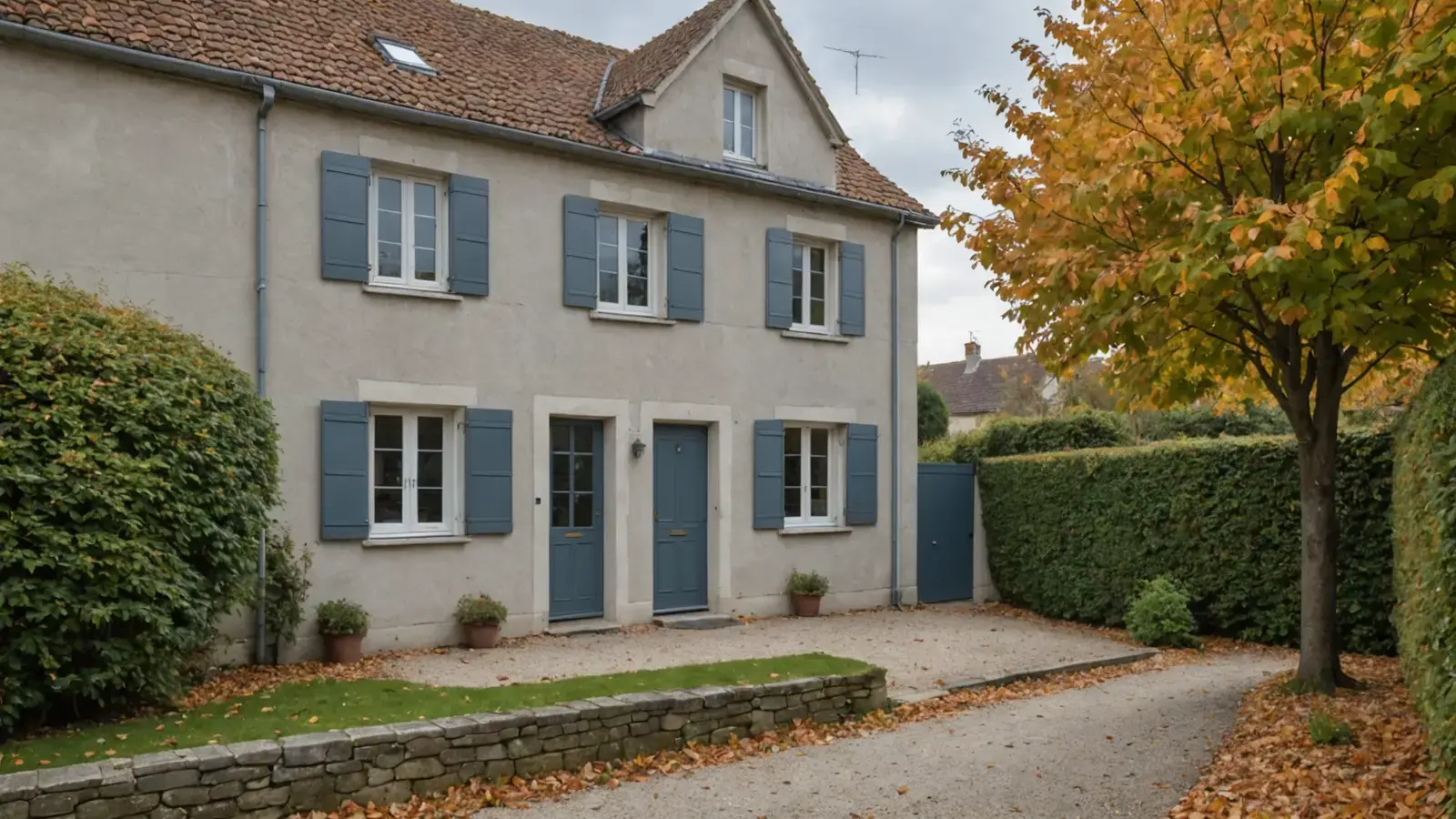 Façade d'une maison de village aux volets bleus, gouttière en zinc, cour de gravier et arbre aux feuilles jaunes
