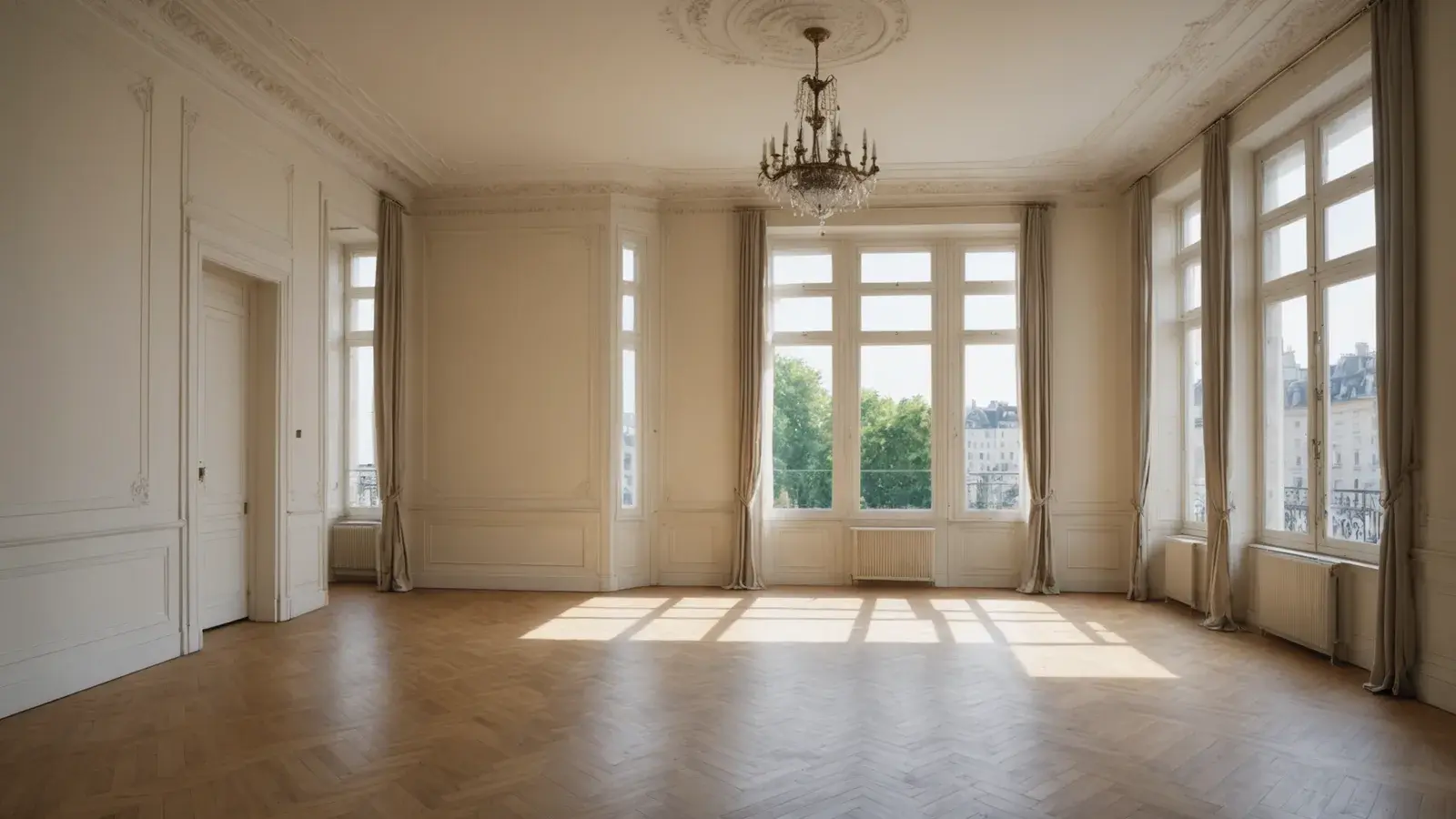 Grand salon vide d'un appartement ancien, plafond mouluré avec rosace, parquet à bâtons rompus et hautes fenêtres