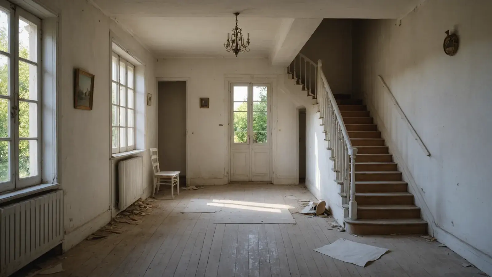 Entrée et cage d'escalier d'une maison ancienne en travaux, murs blancs écaillés, parquet clair et éclats de peinture au sol