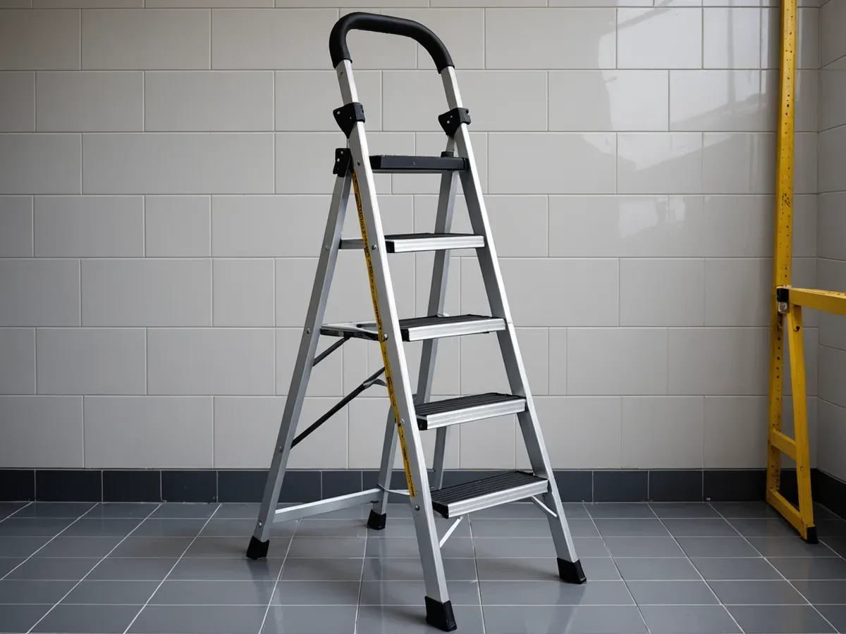 Illustration générée par IA d'un escabeau domestique en aluminium à arceau, ouvert devant un mur carrelé : ne représente pas le modèle exact