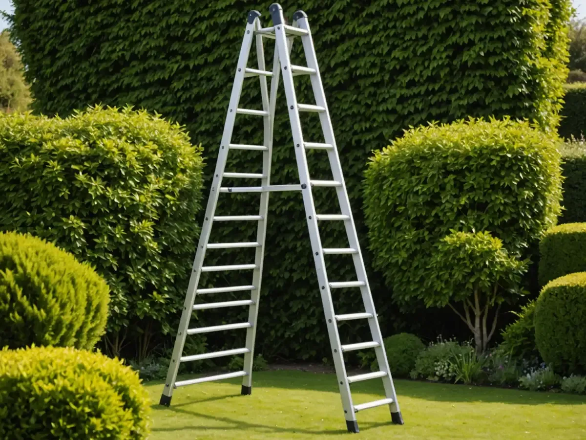 Illustration générée par IA d'une échelle transformable en aluminium à deux plans, ouverte en échelle double sur une pelouse : ne représente pas le modèle exact