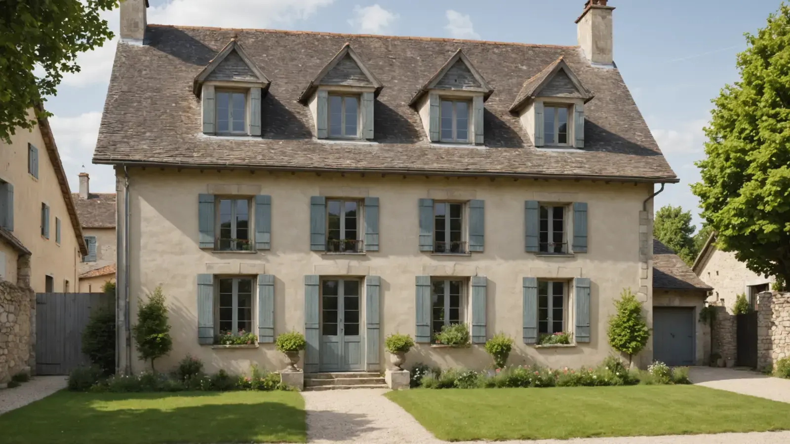 Maison ancienne à étage, façade en enduit clair un peu défraîchie, volets bleu gris et jardin devant, sans matériel ni personne