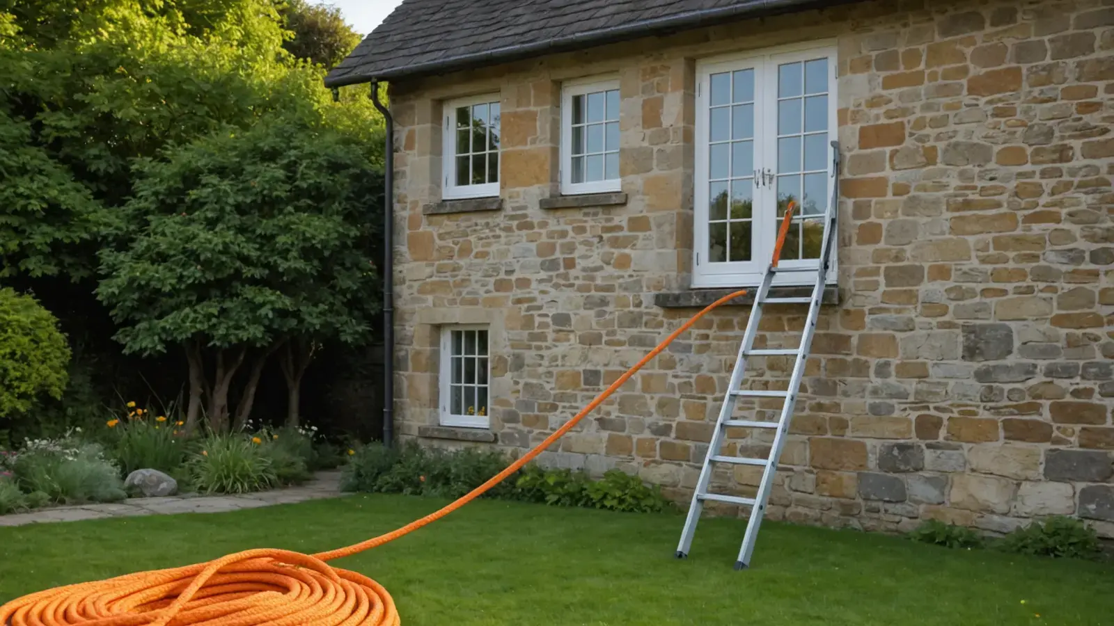 Échelle en aluminium appuyée contre une maison en pierre, longue corde orange déroulée sur la pelouse