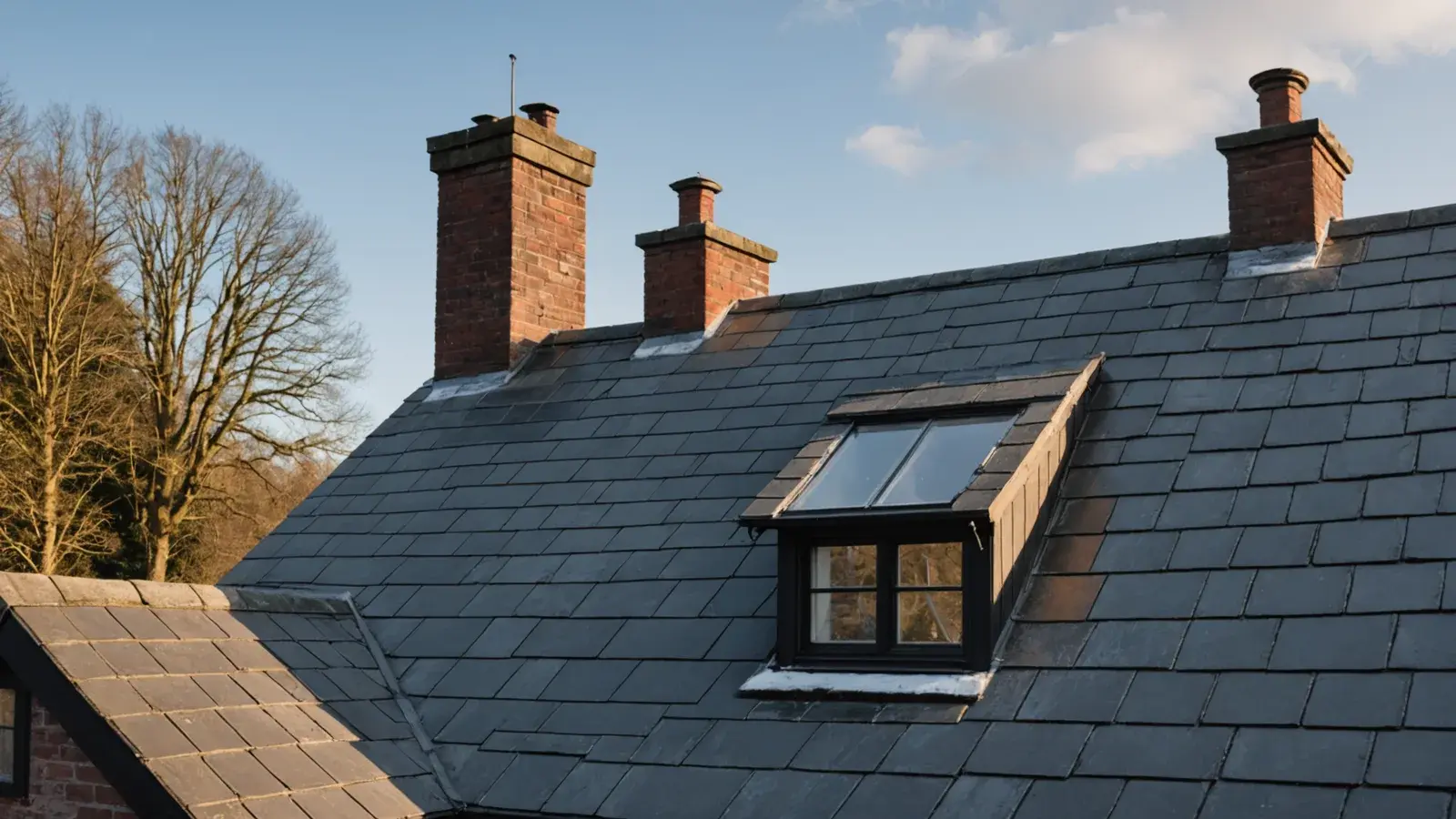 Toit d'ardoises avec lucarne et trois cheminées en briques sous un ciel d'hiver