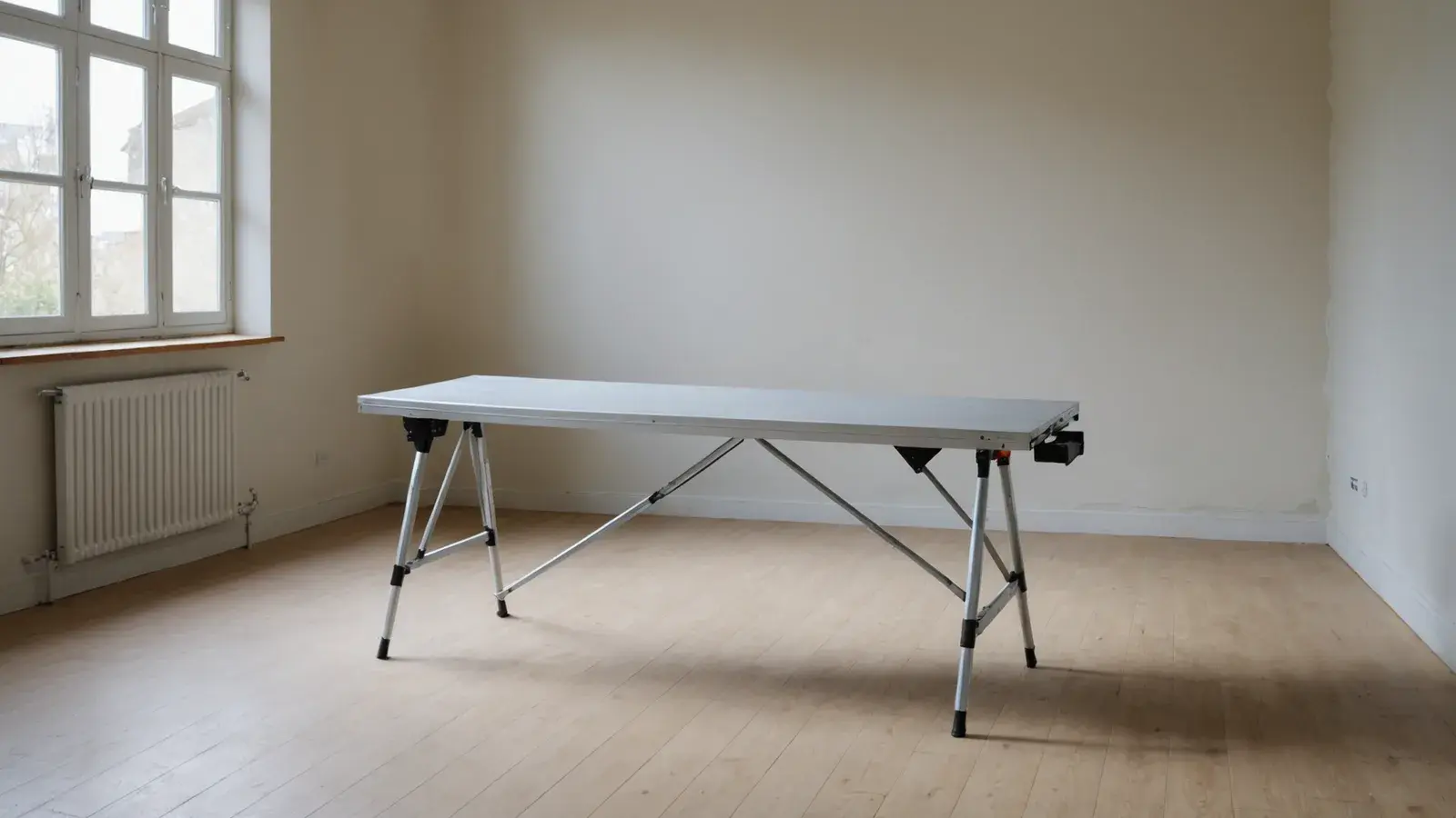 Banc de travail bas en aluminium sur pieds pliants dans une pièce vide aux murs fraîchement enduits