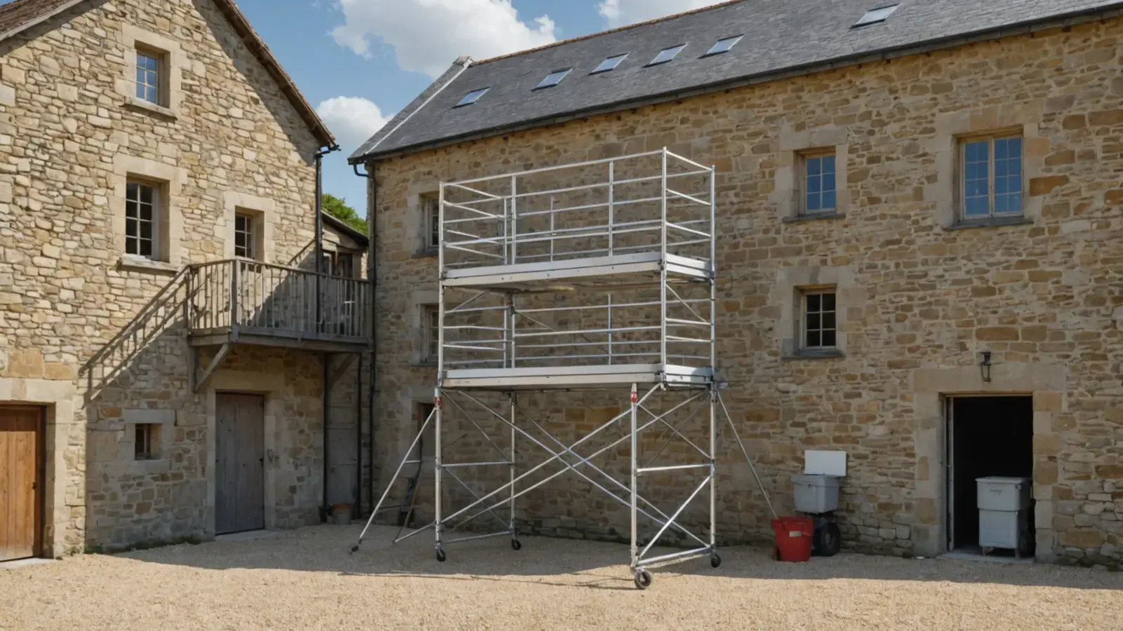 Échafaudage roulant en aluminium au pied du haut mur en pierre d'une grange rénovée, cour de gravier en été