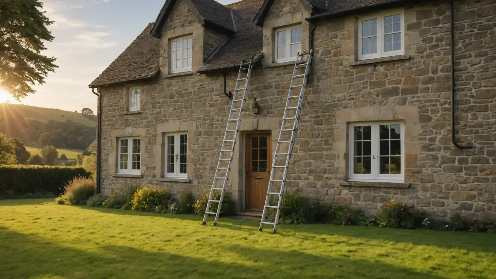 Deux échelles en aluminium appuyées contre la façade d'une grande maison en pierre, pelouse au soleil couchant
