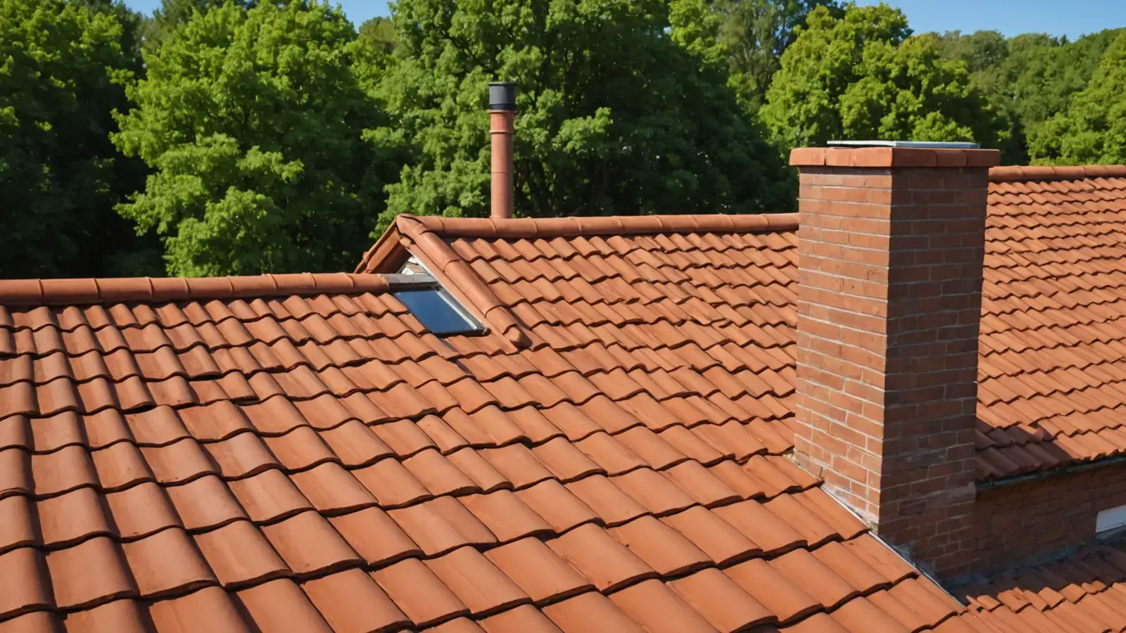 Toit de tuiles rouges en pente avec cheminée en briques et fenêtre de toit, sous un ciel bleu