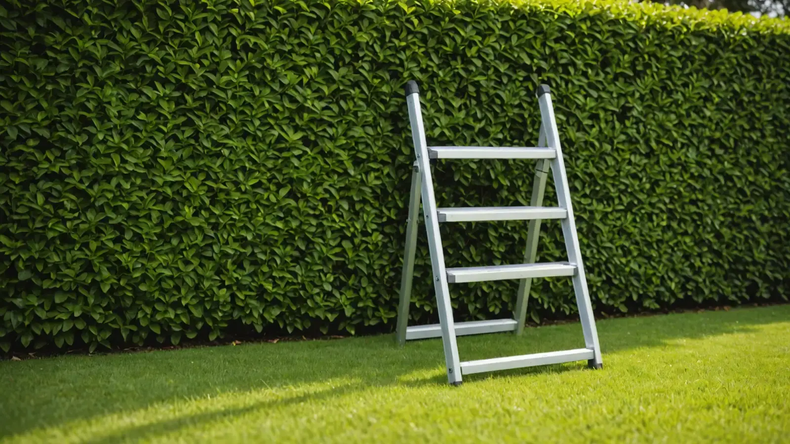 Escabeau en aluminium dressé sur la pelouse devant une haute haie taillée